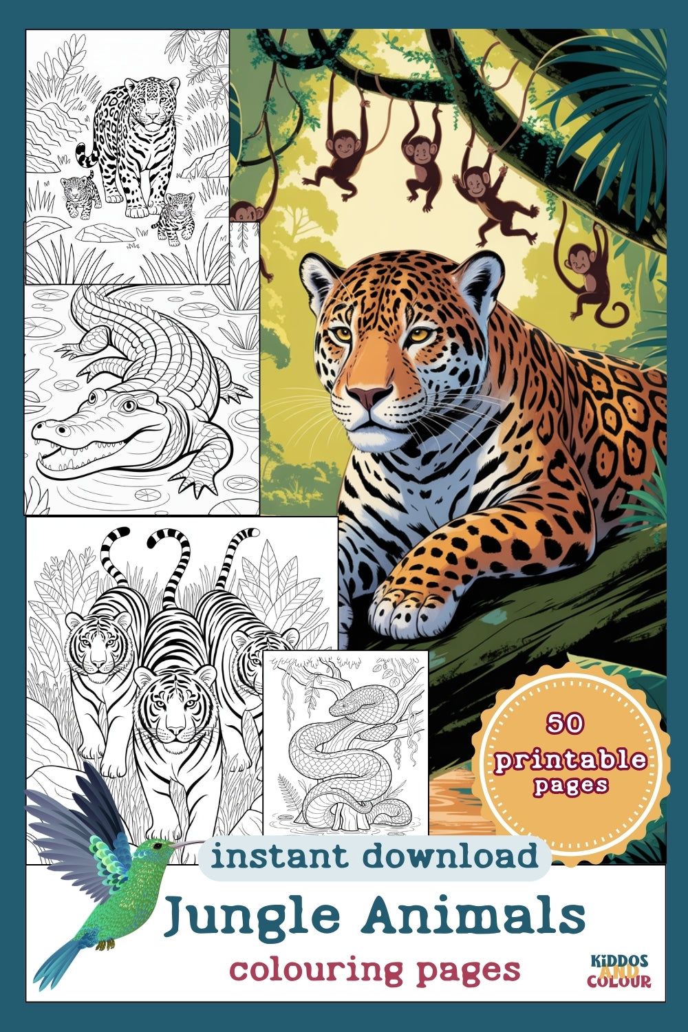 50 Jungle Animals Colouring Pages for Kids | Safari & Rainforest Animals Printable | Instant Download | Educational Colouring Sheets