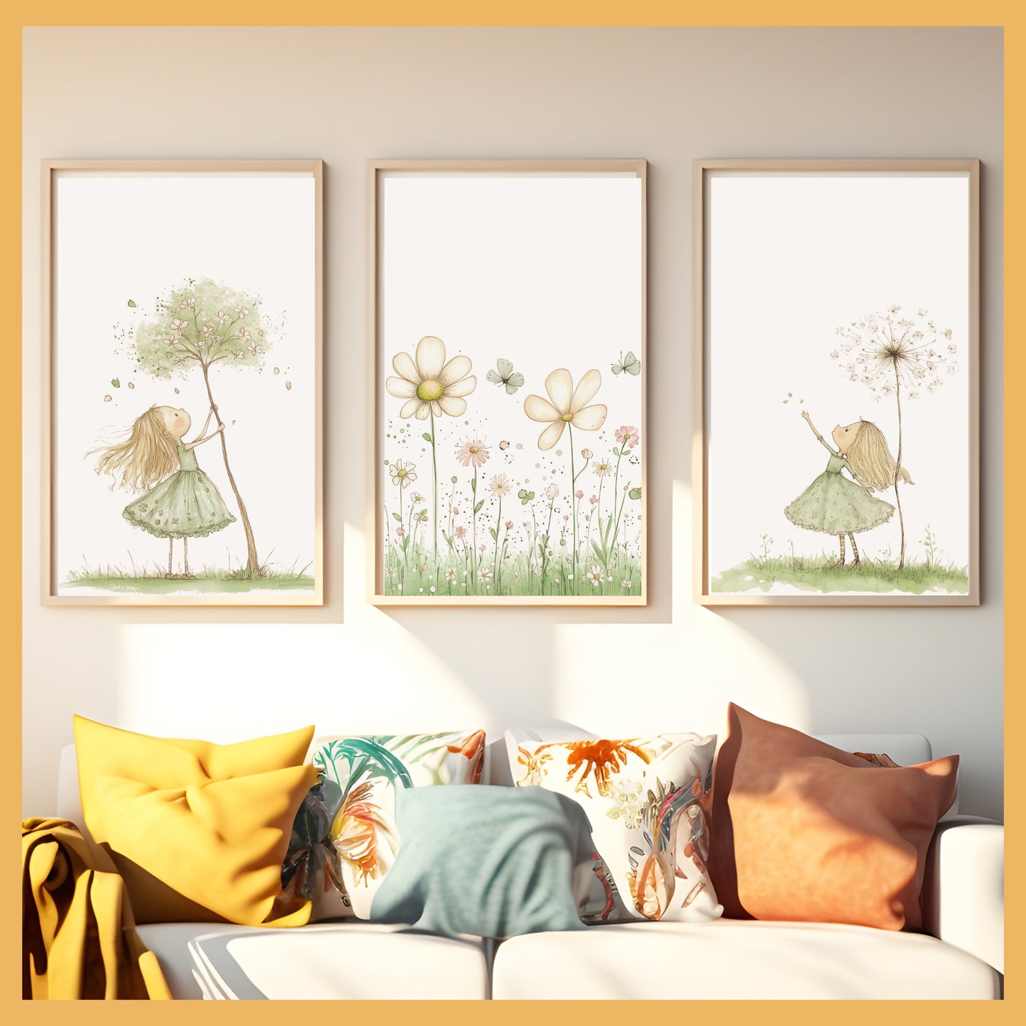 Minimalist Nature Art Set for Kids Room, Green Girl & Growing Plants Nursery Wall Decor, Montessori Botanical Prints Trio