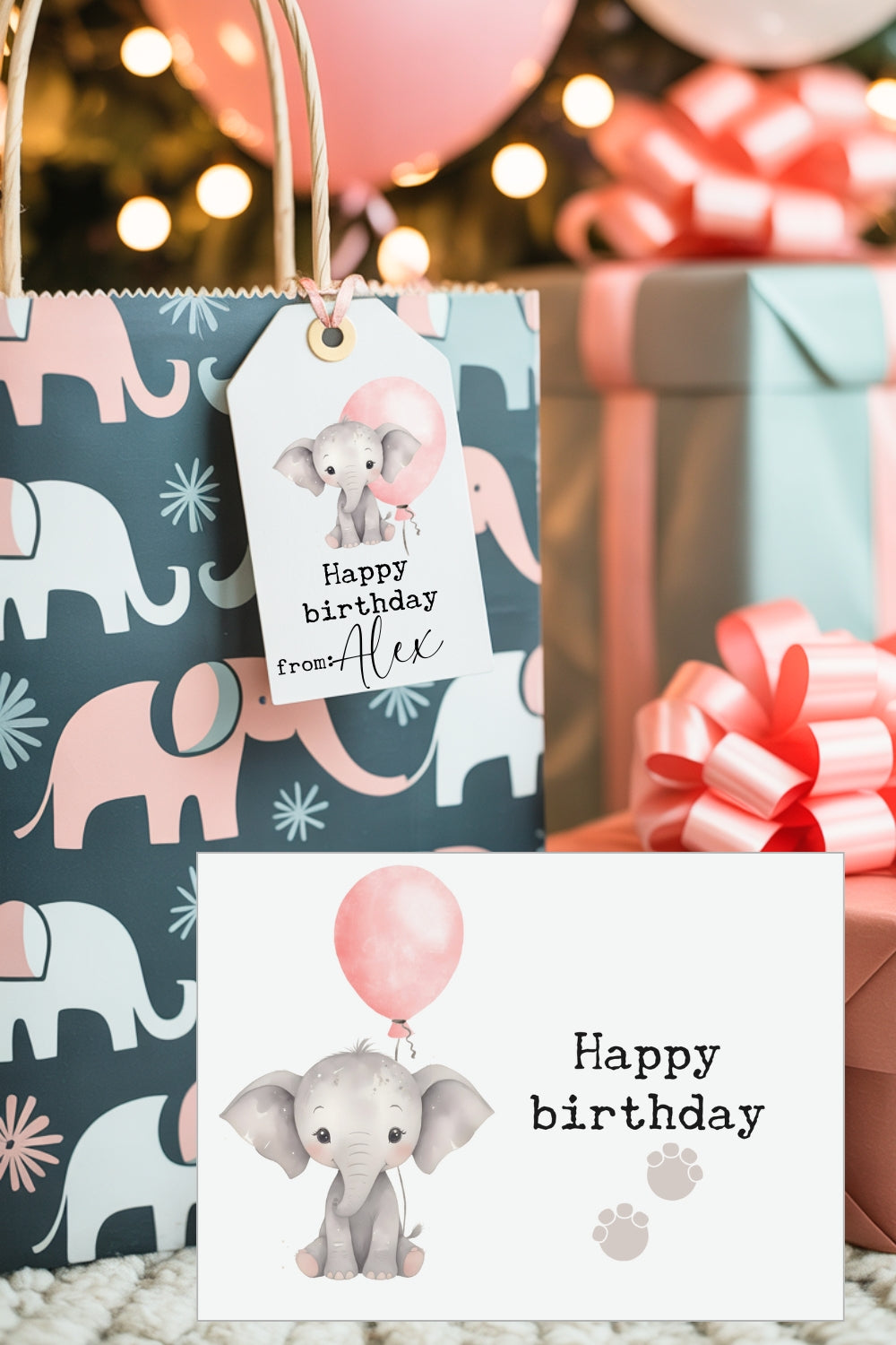 Printable Elephant Birthday Card & Gift Tags | Instant Download Digital