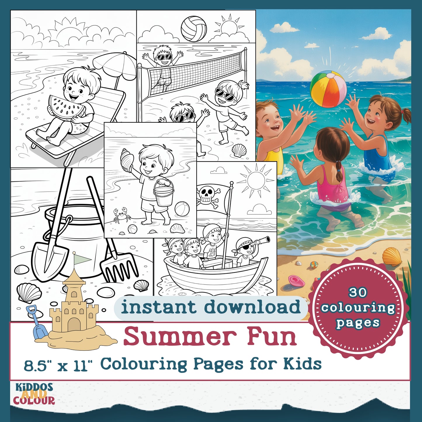 30 Summer Colouring Book for Kids | Beach, Water, Sand, Family Activities, Summer Holiday | Instant Download