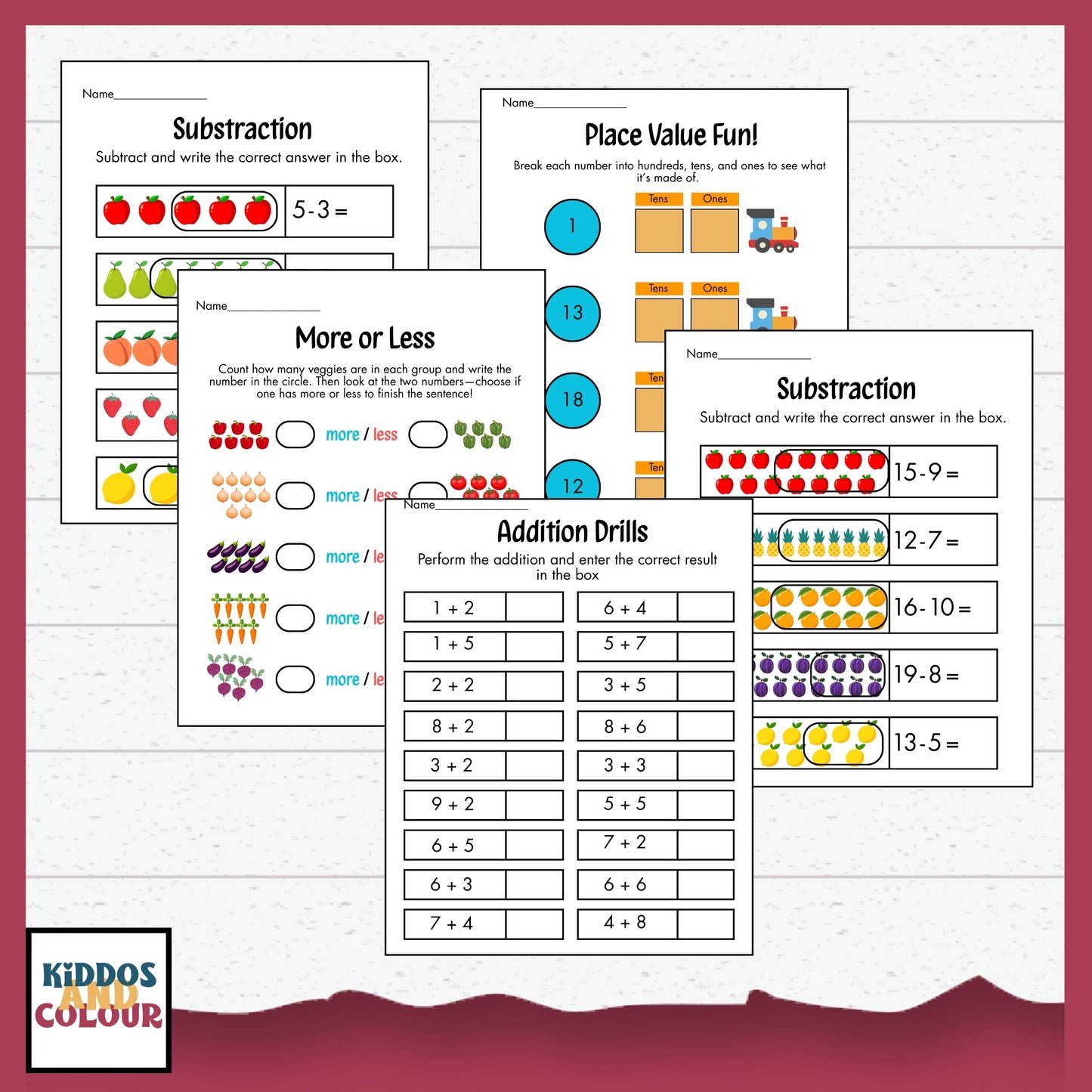 Math Worksheets for Kids | Addition, Subtraction, Place Value, Number Matching, Fun Math Printables 1–20 | Preschool & Kindergarten Learning