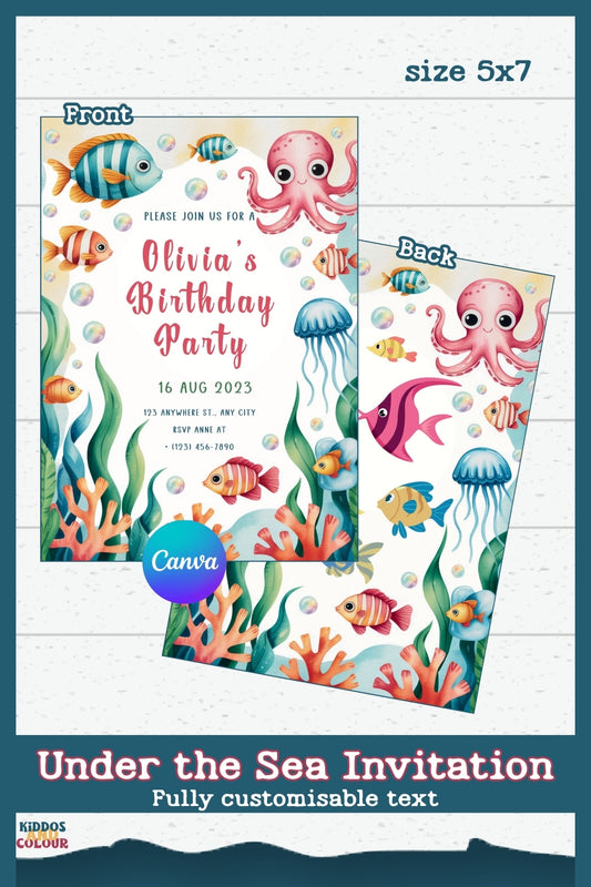 Under the Sea Birthday Party Set: Editable Invitations, Thank You Cards, Colouring Pages (Digital Download)