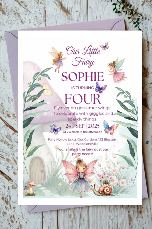 Fairy Birthday Invitation & Thank You Card: Editable Canva Template (Digital Download)