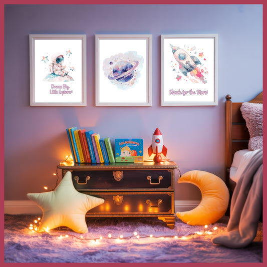 Pastel Space Wall Art Trio – Astronaut, Rocket & Planet Prints – Printable Nursery and Kids Room Decor