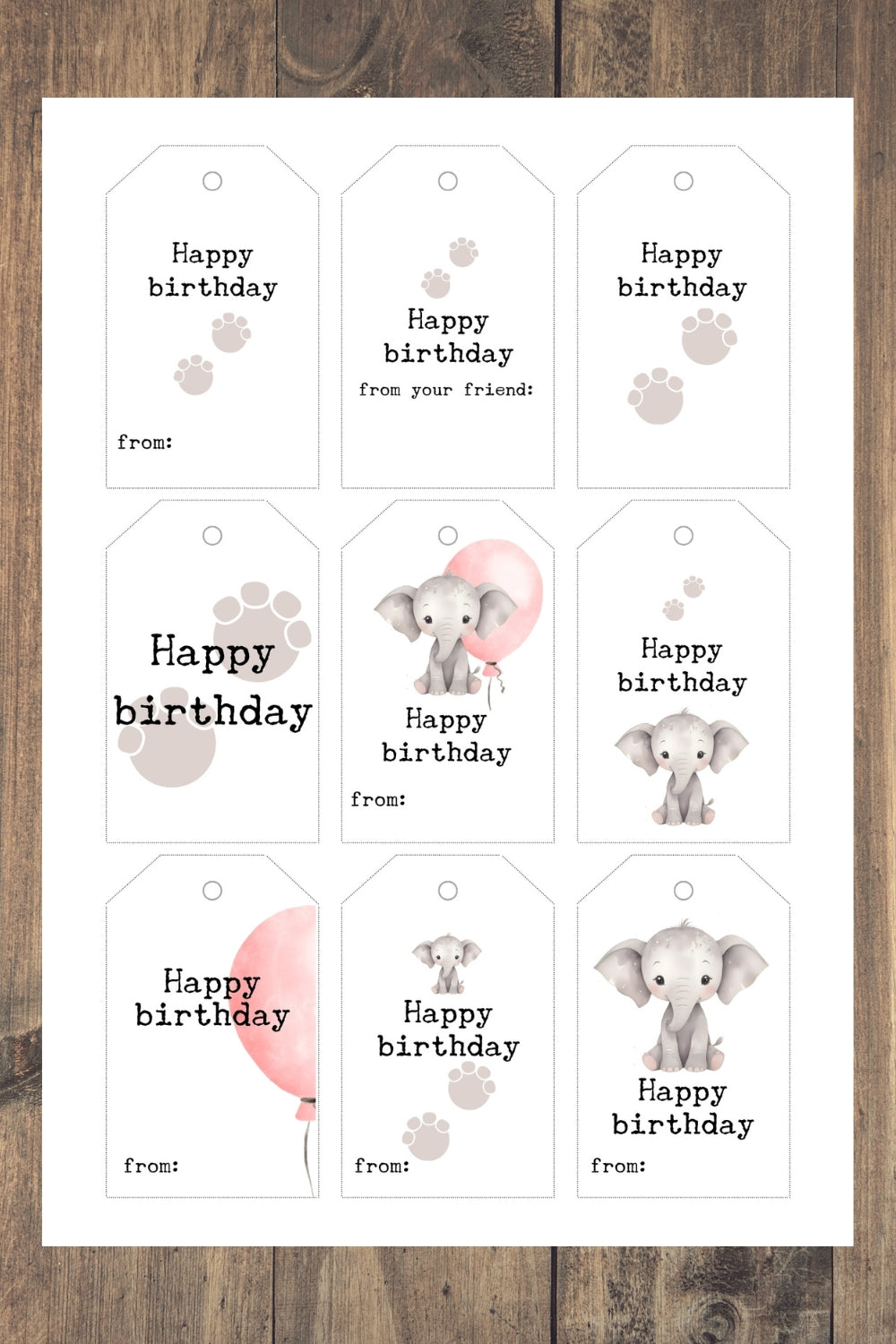Printable Elephant Birthday Card & Gift Tags | Instant Download Digital