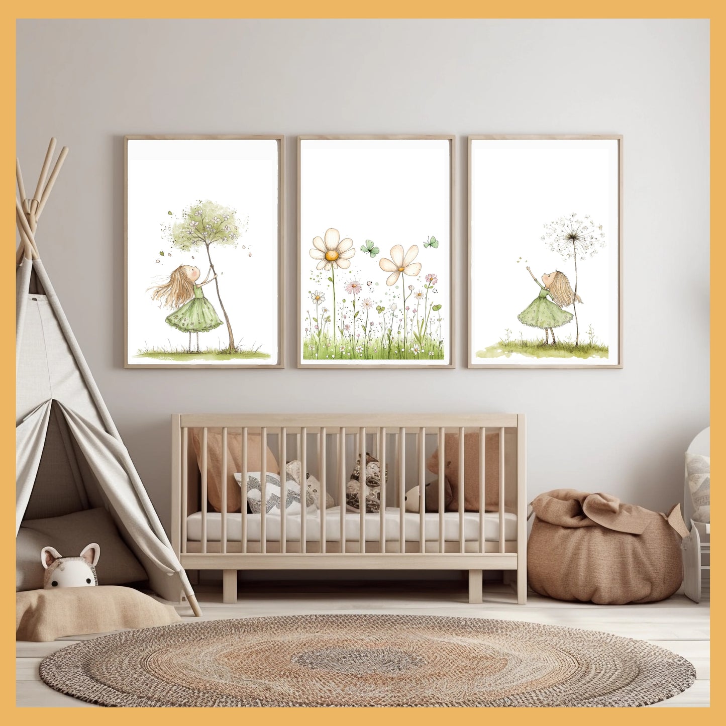 Minimalist Nature Art Set for Kids Room, Green Girl & Growing Plants Nursery Wall Decor, Montessori Botanical Prints Trio