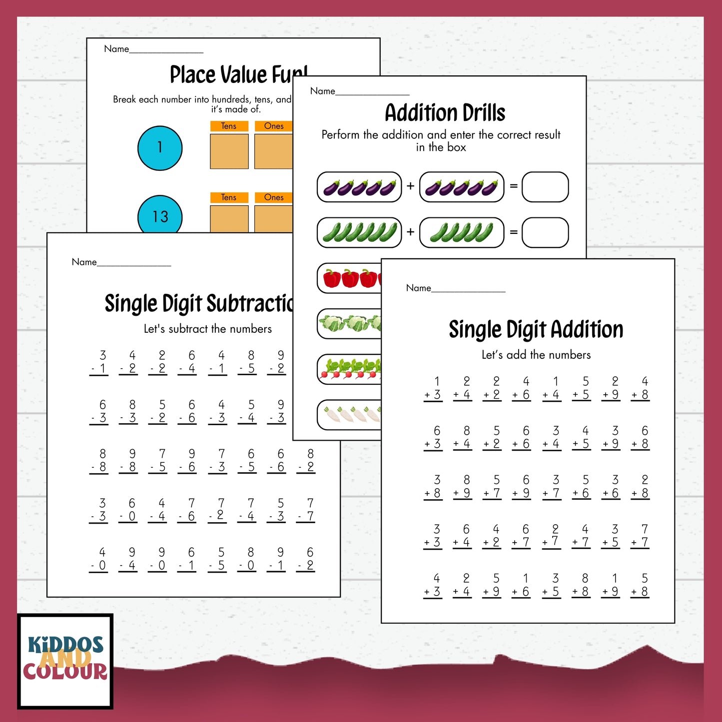 Math Worksheets for Kids | Addition, Subtraction, Place Value, Number Matching, Fun Math Printables 1–20 | Preschool & Kindergarten Learning
