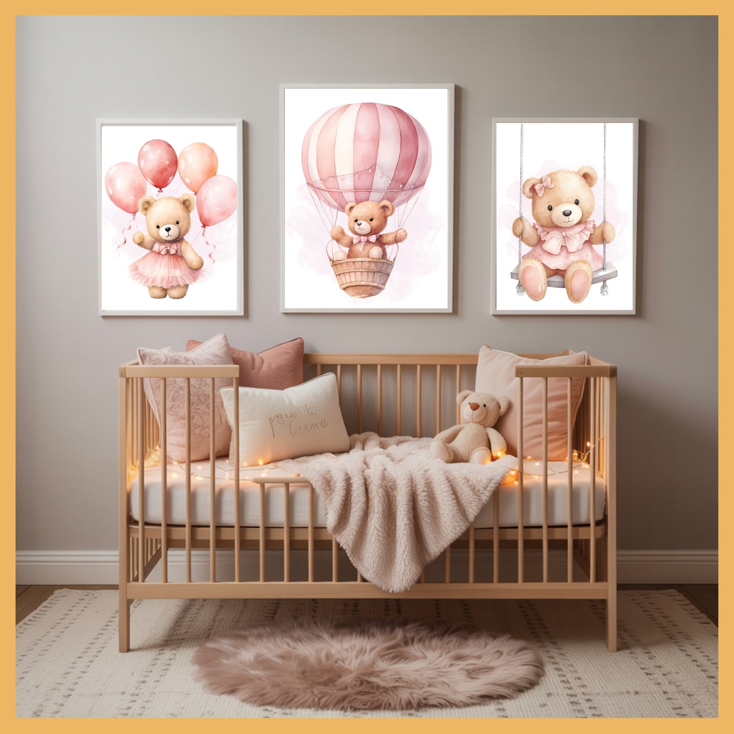 Pink Teddy Bear Nursery Wall Art Set of 3 Printable Prints – Swing, Balloons & Flying Bear Baby Room Decor, Baby Shower Gift
