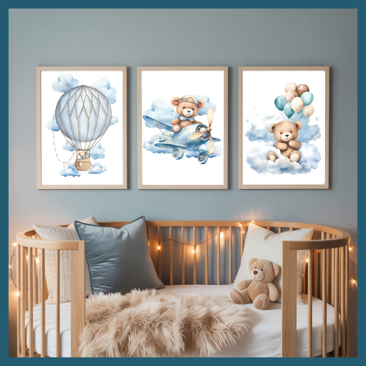Teddy Bear Nursery Wall Art Printable Set β Blue Sky Cloud Baby Room Decor with Balloon, Plane & Bear β Digital Download Nursery Prints