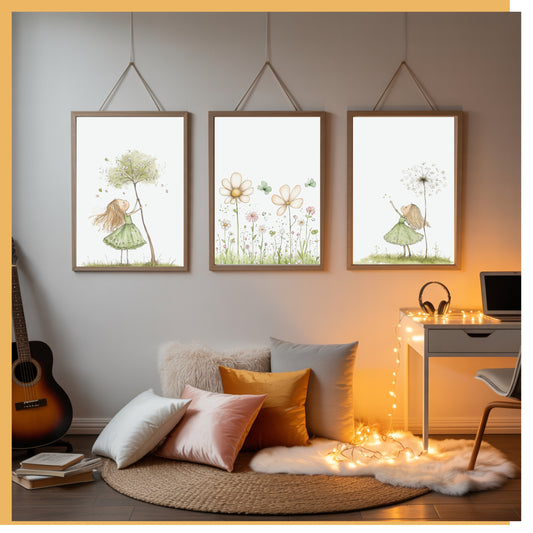 Minimalist Nature Art Set for Kids Room, Green Girl & Growing Plants Nursery Wall Decor, Montessori Botanical Prints Trio