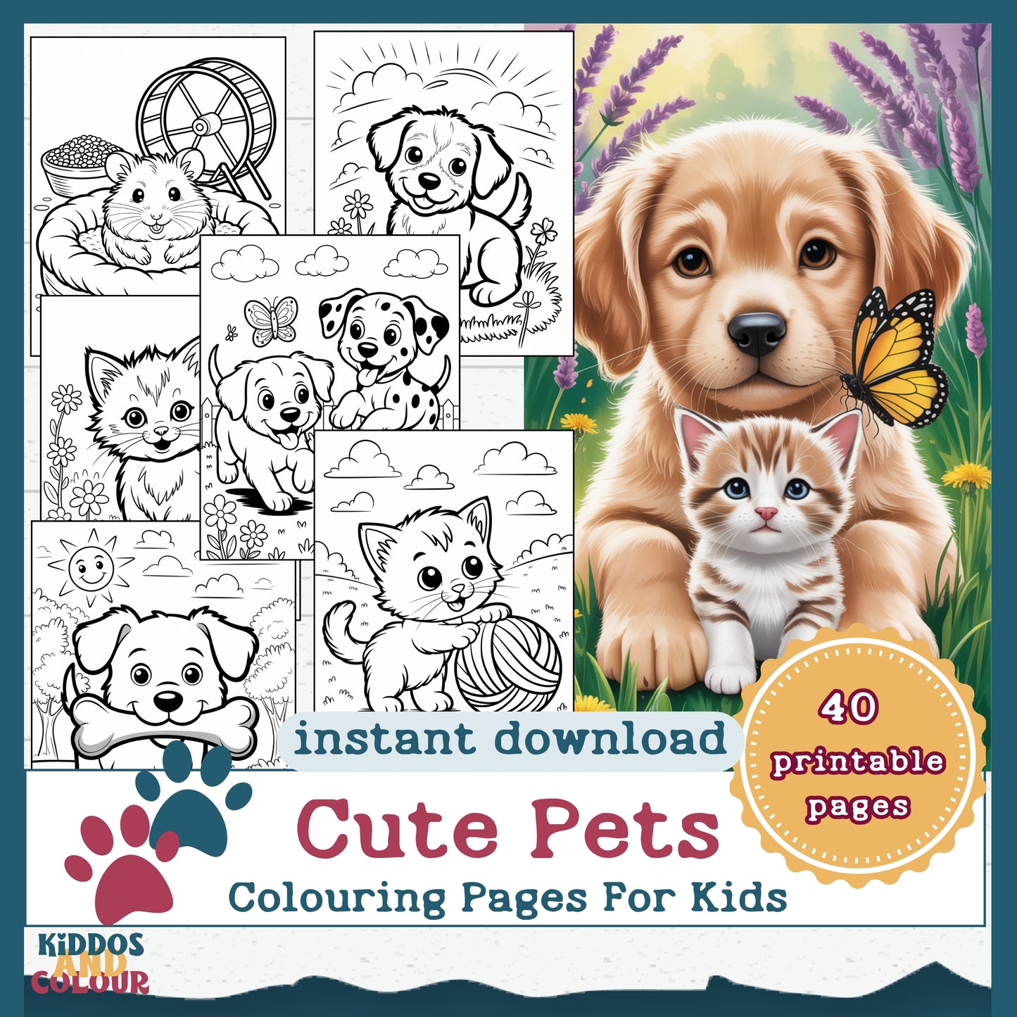 40 Cute Pets Colouring Pages for Kids – Printable Sheets with Cats, Dogs, Puppies, Kittens, Hamsters & Guinea Pigs | Instant Download
