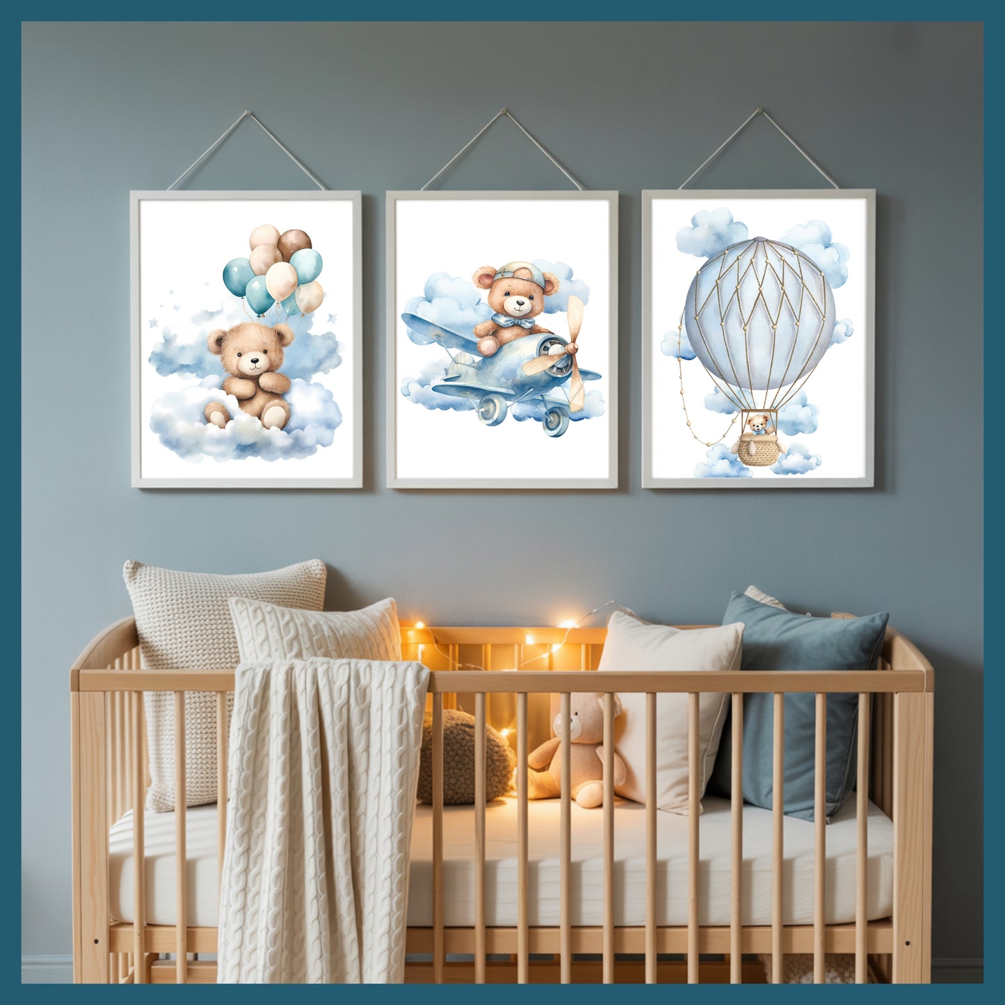 Teddy Bear Nursery Wall Art Printable Set – Blue Sky Cloud Baby Room Decor with Balloon, Plane & Bear – Digital Download Nursery Prints
