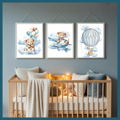 Teddy Bear Nursery Wall Art Printable Set – Blue Sky Cloud Baby Room Decor with Balloon, Plane & Bear – Digital Download Nursery Prints