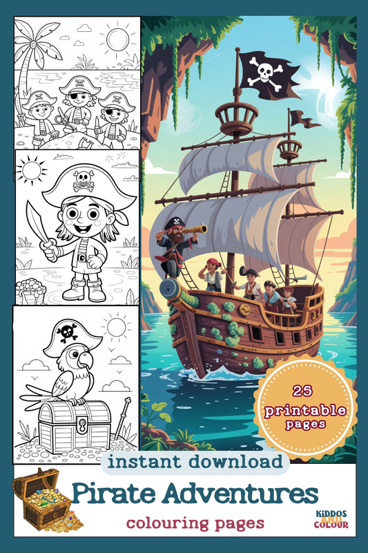 25 Pirate Adventure Colouring Pages: Kids Printable Activity Book (PDF Download)