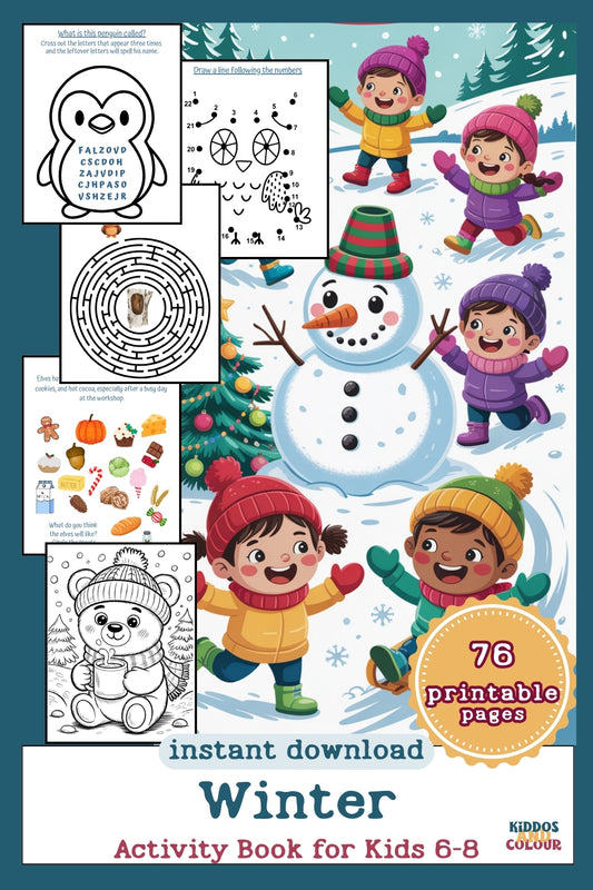 Winter Activity Book for Kids, Printable Christmas Worksheets, Colouring Pages, Puzzles, Mazes and more!
