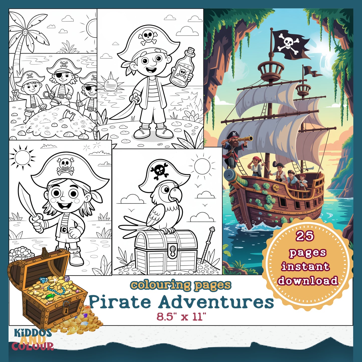 Pirate Adventure Colouring Pages: Kids Printable Activity Book (PDF Download)