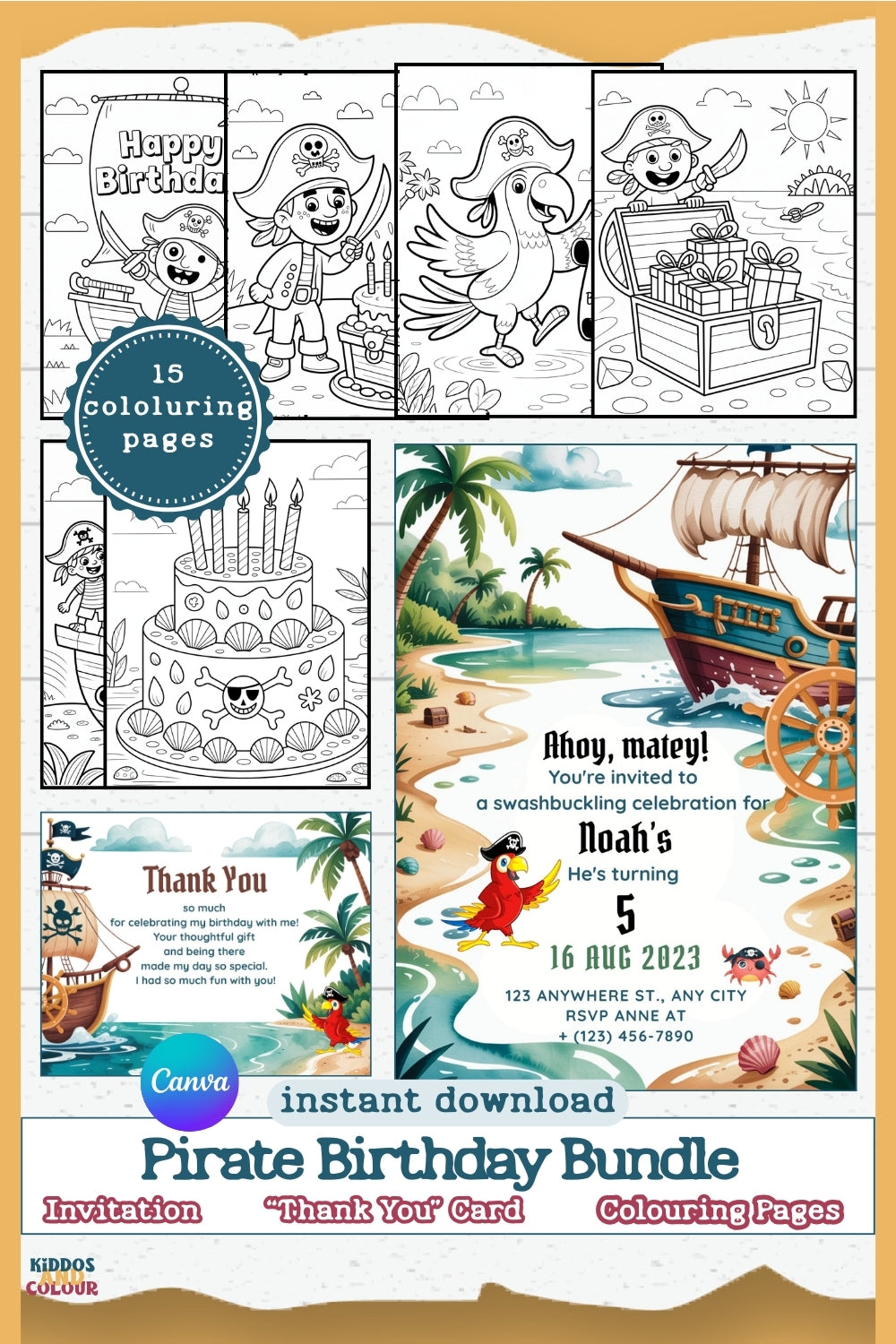 Pirate Birthday Party Kit: Editable Invitation, Thank You Card & Colouring Pages (Digital Download)