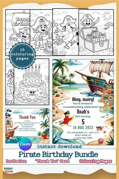 Pirate Birthday Party Kit: Editable Invitation, Thank You Card & Colouring Pages (Digital Download)