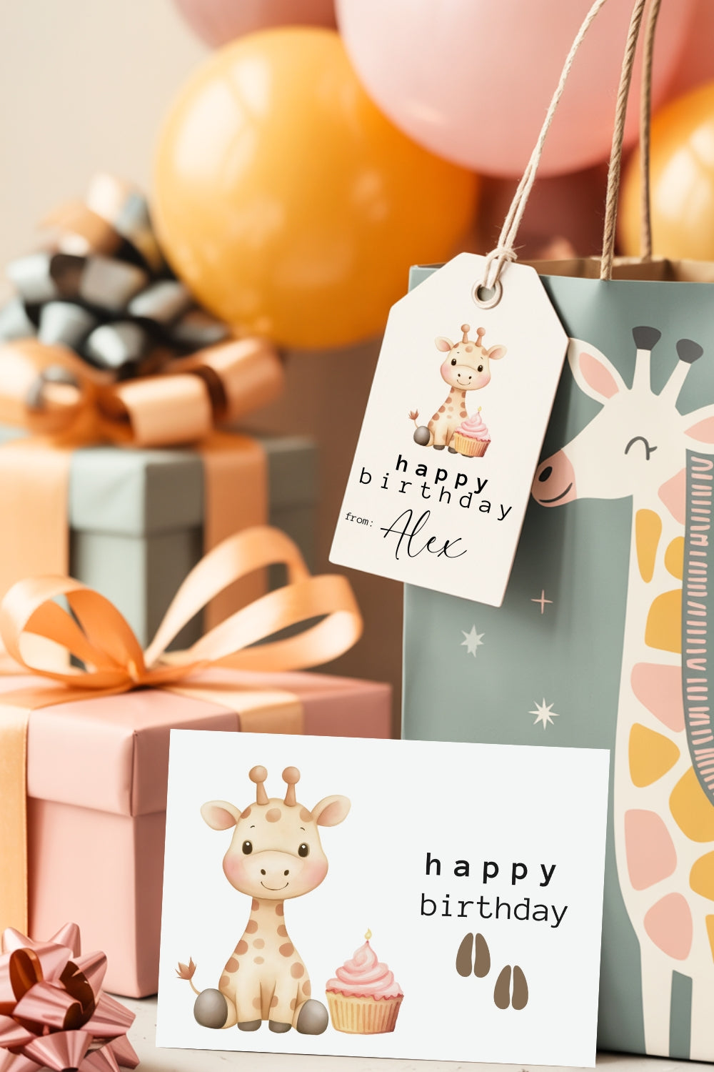 Printable Giraffe Birthday Card & Gift Tags | Instant Download