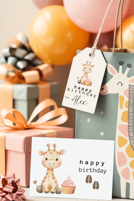 Printable Giraffe Birthday Card & Gift Tags | Instant Download