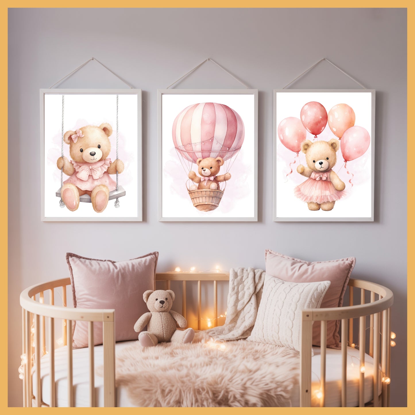 Pink Teddy Bear Nursery Wall Art Set of 3 Printable Prints – Swing, Balloons & Flying Bear Baby Room Decor, Baby Shower Gift