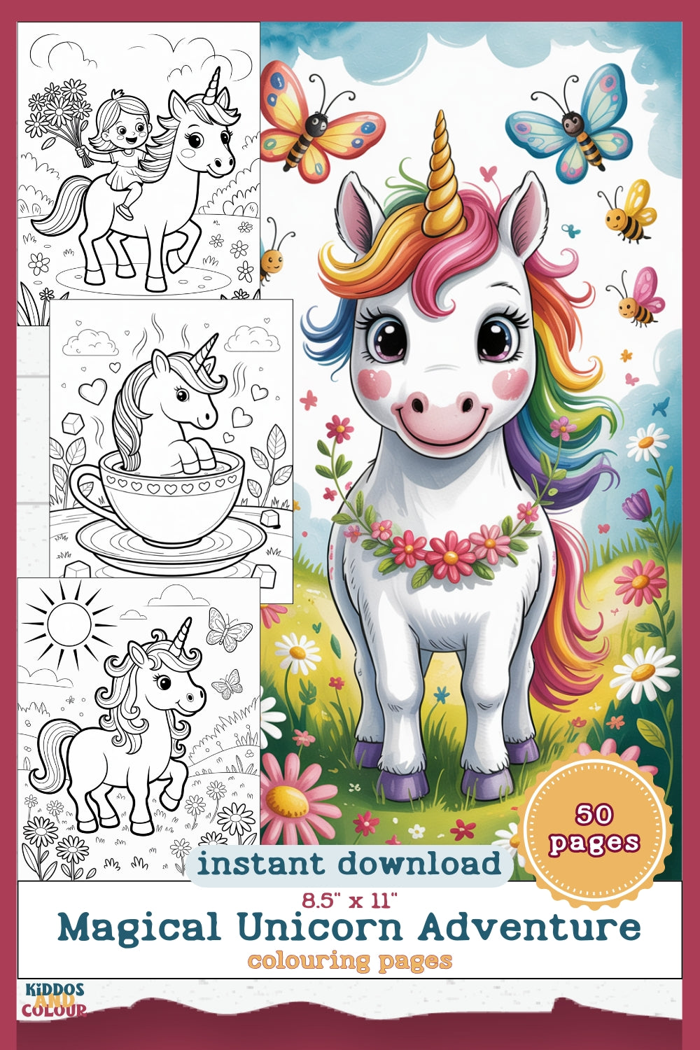 50 Unicorn Colouring Pages: Magical Colouring Book for Kids Ages 4-8 (Digital Download)