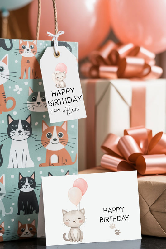 Printable Birthday Card and Tags – Cat Paw Print | Digital Download