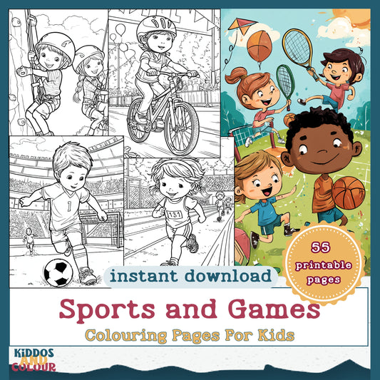 55 Sports & Games Colouring Book for Kids and Teens | Printable Activity | High-Detail Digital Download