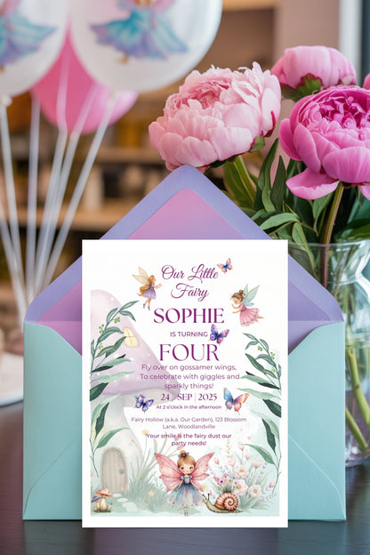 Fairy Birthday Invitation & Thank You Card: Editable Canva Template (Digital Download)