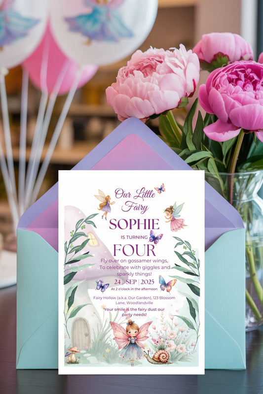 Fairy Birthday Invitation & Thank You Card: Editable Canva Template (Digital Download)