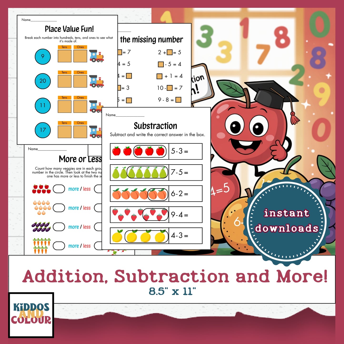 Math Worksheets for Kids | Addition, Subtraction, Place Value, Number Matching, Fun Math Printables 1–20 | Preschool & Kindergarten Learning