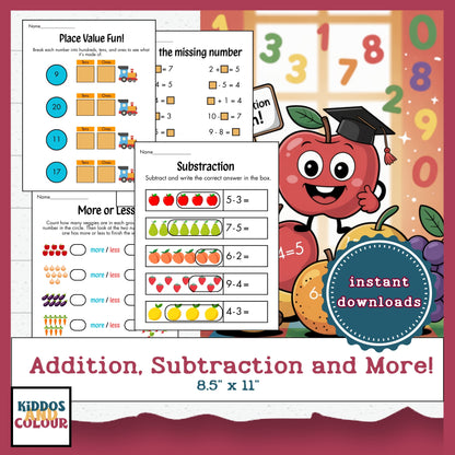 Math Worksheets for Kids | Addition, Subtraction, Place Value, Number Matching, Fun Math Printables 1–20 | Preschool & Kindergarten Learning