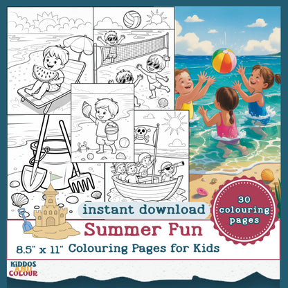 30 Summer Colouring Book for Kids | Beach, Water, Sand, Family Activities, Summer Holiday | Instant Download