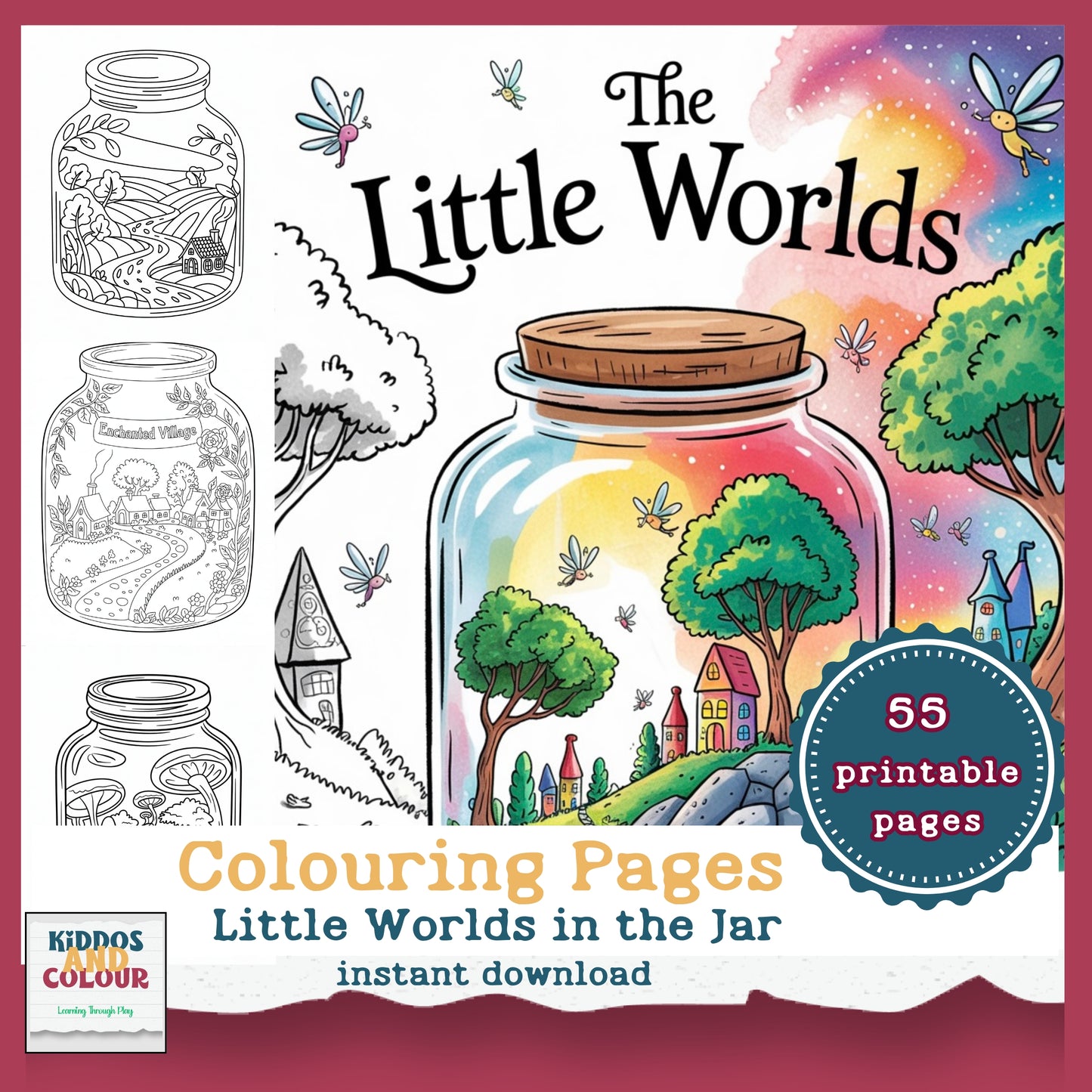 55 Colouring Pages Whimsical Worlds in Jars–  Printable Designs for Kids & Adults