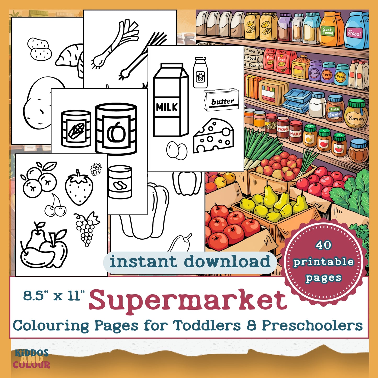 Supermarket Printable Colouring Sheets for Toddlers - Bold & Easy Preschool Activity Book