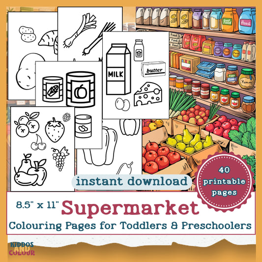 Supermarket Printable Colouring Sheets for Toddlers - Bold & Easy Preschool Activity Book