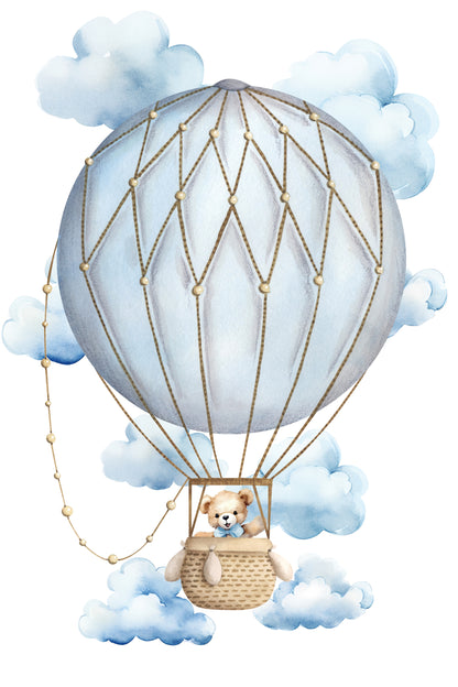 Teddy Bear Nursery Wall Art Printable Set – Blue Sky Cloud Baby Room Decor with Balloon, Plane & Bear – Digital Download Nursery Prints