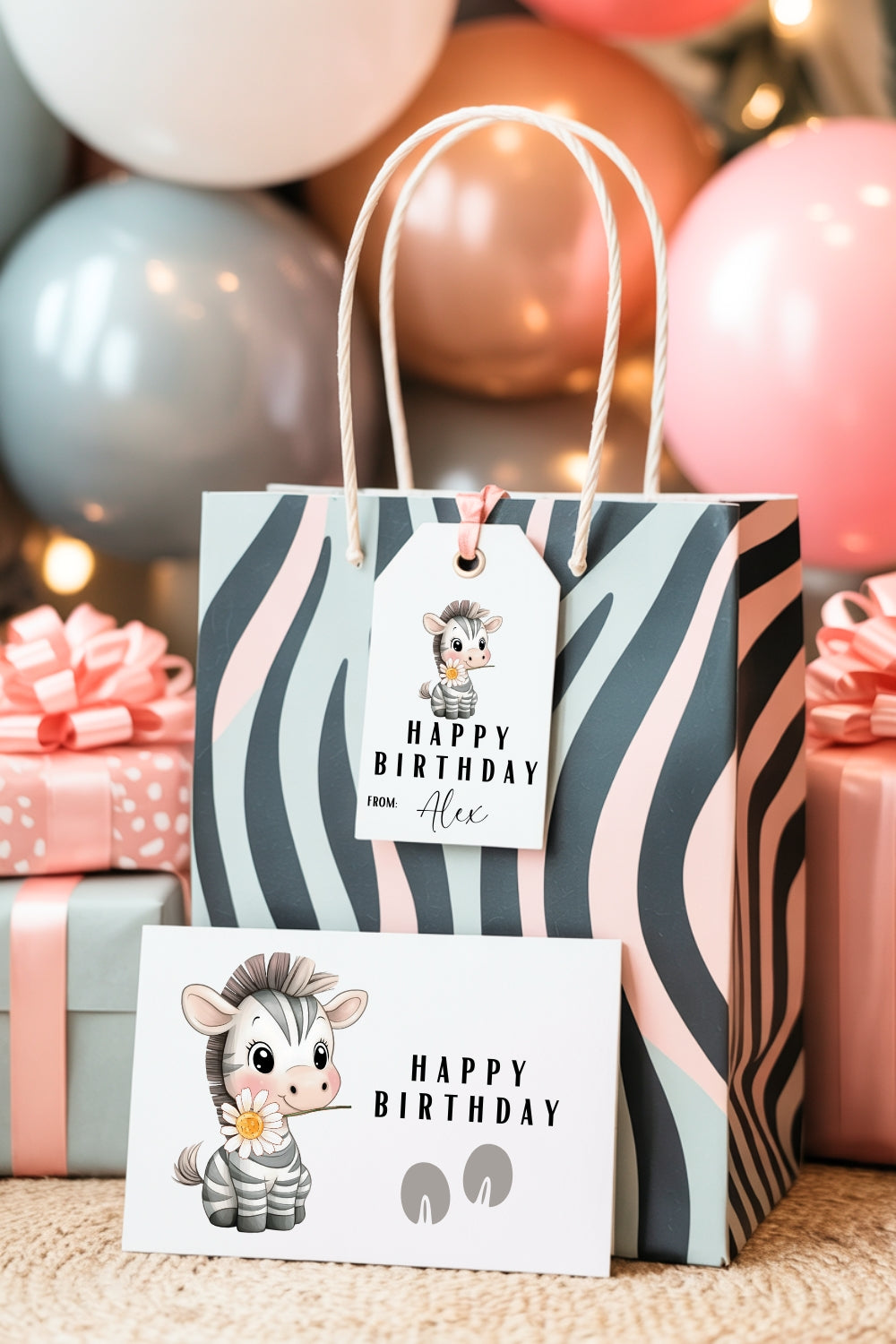 Printable Zebra Birthday Card & Gift Tags | Instant Download