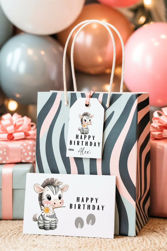 Printable Zebra Birthday Card & Gift Tags | Instant Download