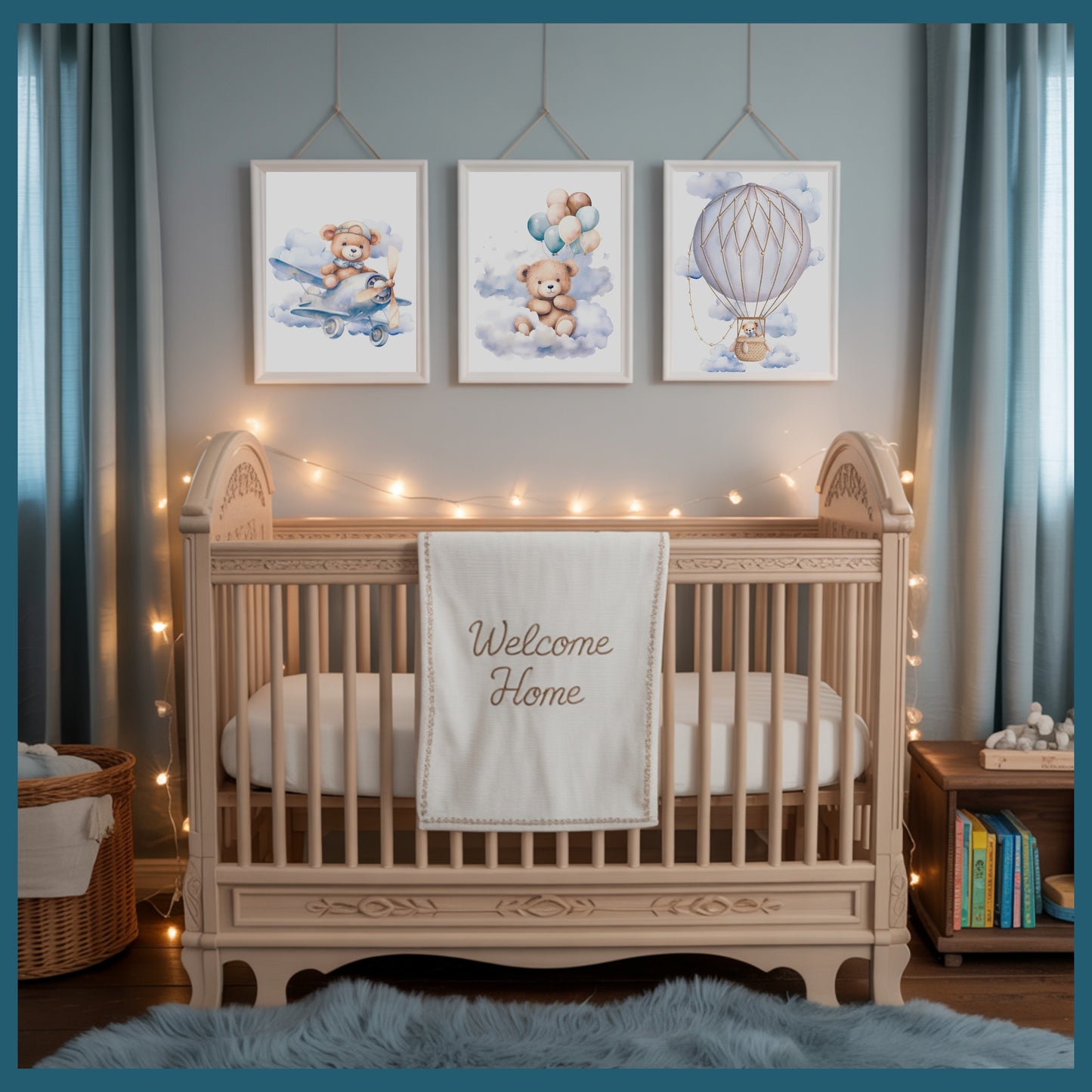 Teddy Bear Nursery Wall Art Printable Set – Blue Sky Cloud Baby Room Decor with Balloon, Plane & Bear – Digital Download Nursery Prints