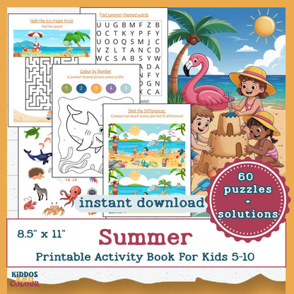 Summer Activity Book for Kids – 60 Fun Printable Pages with Colouring, Mazes, Word Searches, Puzzles & More | Instant Download