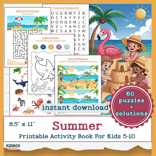 Summer Activity Book for Kids – 60 Fun Printable Pages with Colouring, Mazes, Word Searches, Puzzles & More | Instant Download