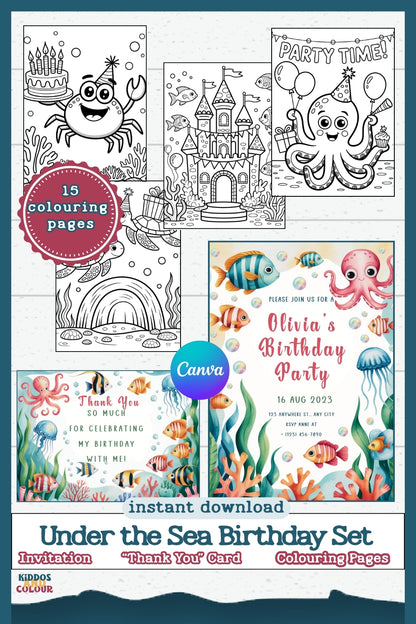 Under the Sea Birthday Party Set: Editable Invitations, Thank You Cards, Colouring Pages (Digital Download)