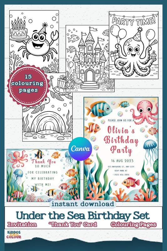 Under the Sea Birthday Party Set: Editable Invitations, Thank You Cards, Colouring Pages (Digital Download)
