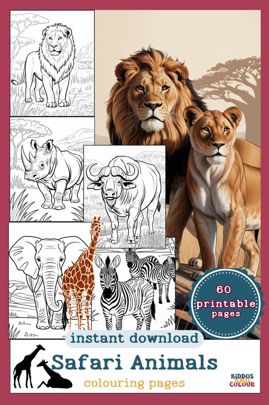 60 Safari Animals Colouring Pages for Kids – Printable Colouring Book for Ages 4–12 |  Savanna Wildlife Instant Download PDF