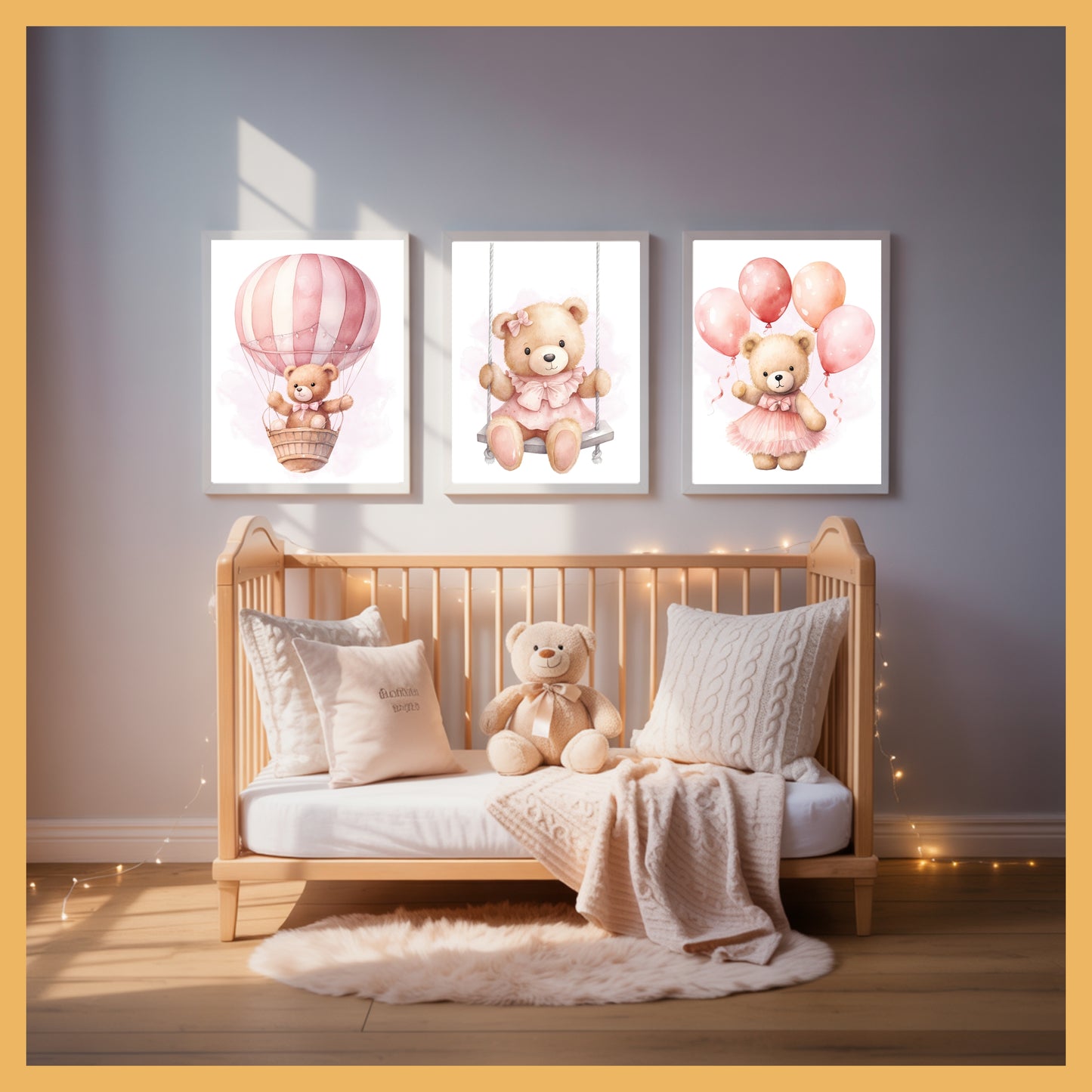 Pink Teddy Bear Nursery Wall Art Set of 3 Printable Prints – Swing, Balloons & Flying Bear Baby Room Decor, Baby Shower Gift