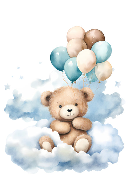Teddy Bear Nursery Wall Art Printable Set – Blue Sky Cloud Baby Room Decor with Balloon, Plane & Bear – Digital Download Nursery Prints