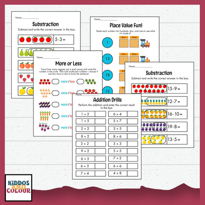 Math Worksheets for Kids | Addition, Subtraction, Place Value, Number Matching, Fun Math Printables 1–20 | Preschool & Kindergarten Learning