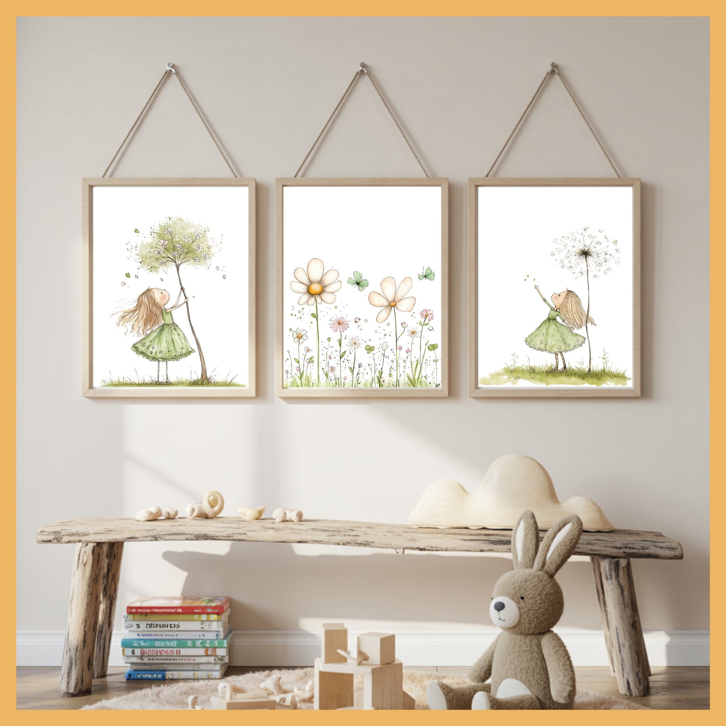Minimalist Nature Art Set for Kids Room, Green Girl & Growing Plants Nursery Wall Decor, Montessori Botanical Prints Trio