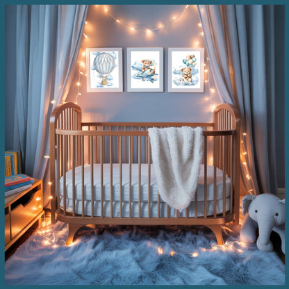Teddy Bear Nursery Wall Art Printable Set – Blue Sky Cloud Baby Room Decor with Balloon, Plane & Bear – Digital Download Nursery Prints